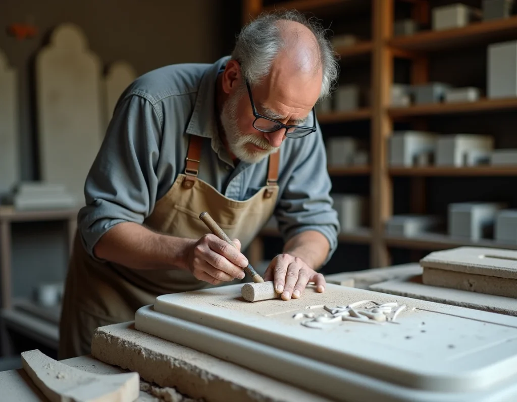 Artisan tailleur de pierre sculptant une pierre tombale en marbre blanc dans son atelier traditionnel