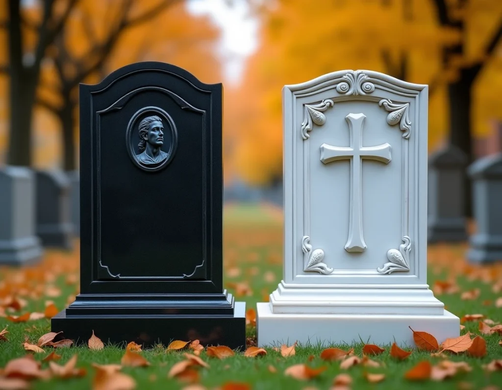 Comparaison côte à côte d'une pierre tombale moderne en granit noir et d'une pierre tombale classique en marbre blanc en automne