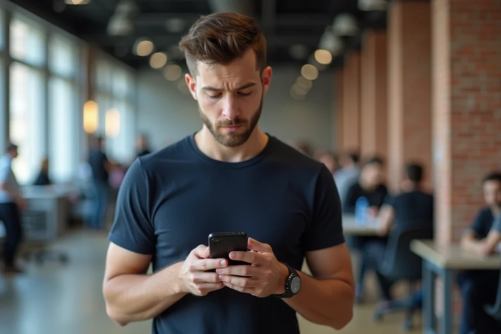 Créateur de contenu masculin analysant les statistiques d'abonnés TikTok sur smartphone dans un espace de coworking moderne
