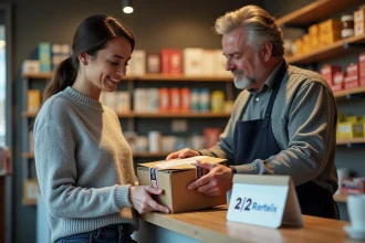 Une femme dépose un colis Colissimo au comptoir d'un relais commerçant de quartier