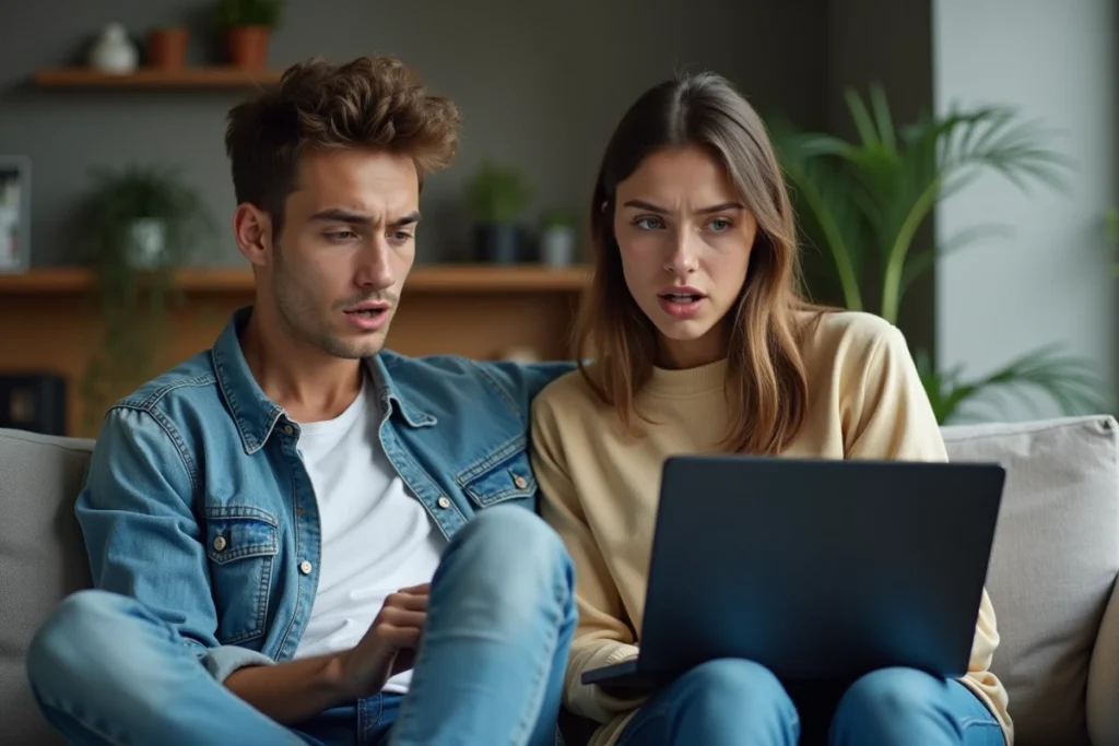 Deux jeunes adultes consultant une page de croissance d'abonnés TikTok sur ordinateur portable dans un appartement moderne