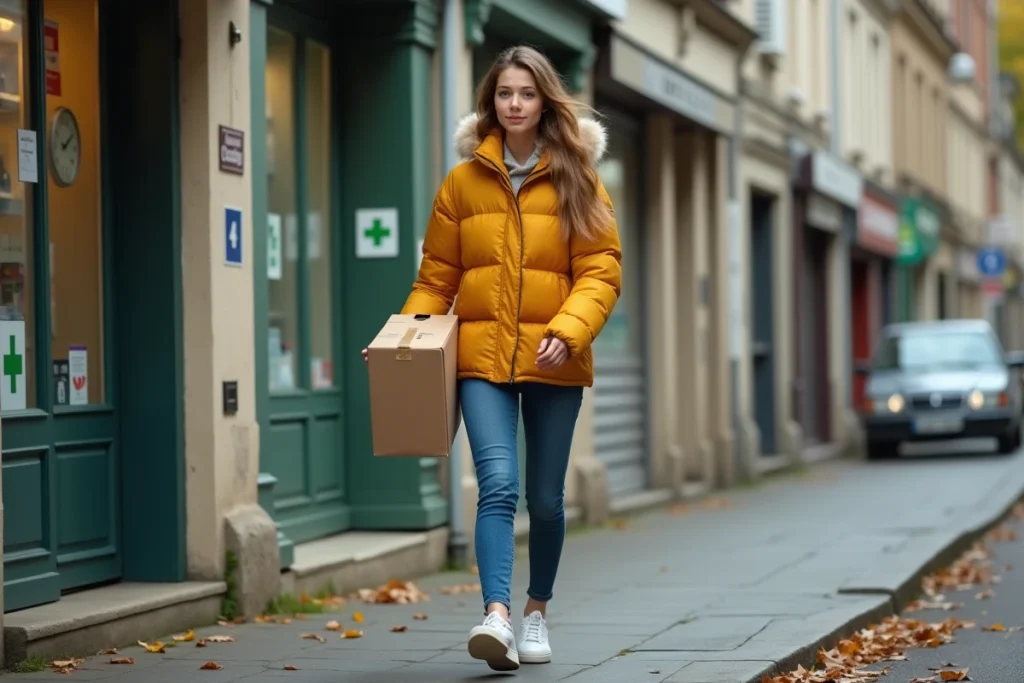 Une jeune femme porte un colis vers une pharmacie servant de point relais Colissimo