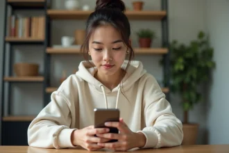 Jeune femme utilisant TikTok sur son smartphone depuis un bureau à domicile, illustrant l'utilisation d'outils d'abonnés TikTok