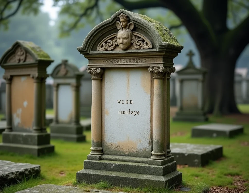 Pierre tombale classique en calcaire sculpté avec motifs floraux et ange dans un vieux cimetière historique