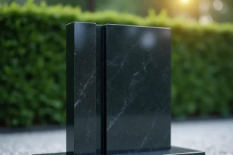 Pierre tombale moderne en granit poli avec gravure géométrique minimaliste dans un cimetière contemporain