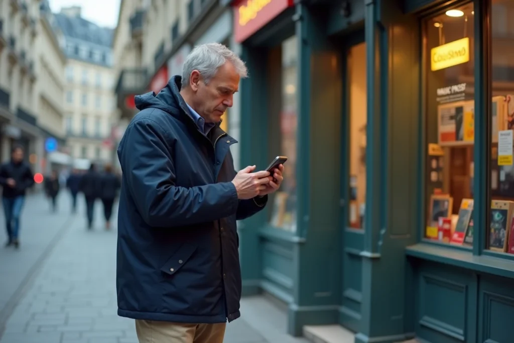 Un homme cherche un relais Colissimo proche sur son smartphone devant un tabac-presse