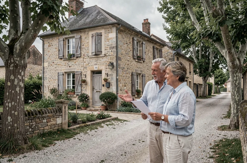 Un couple d'acheteurs examine une maison rurale en pierre dans un village français dans le cadre d'une vente en viager