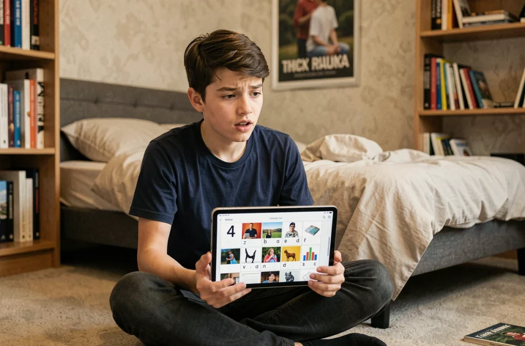 Adolescent résolvant un puzzle de mots 4 images 1 mot sur tablette dans sa chambre
