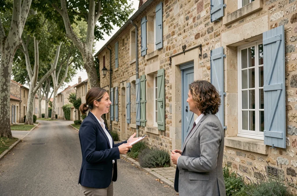 Agente immobilière présentant un cottage en pierre à un acheteur potentiel dans un village français