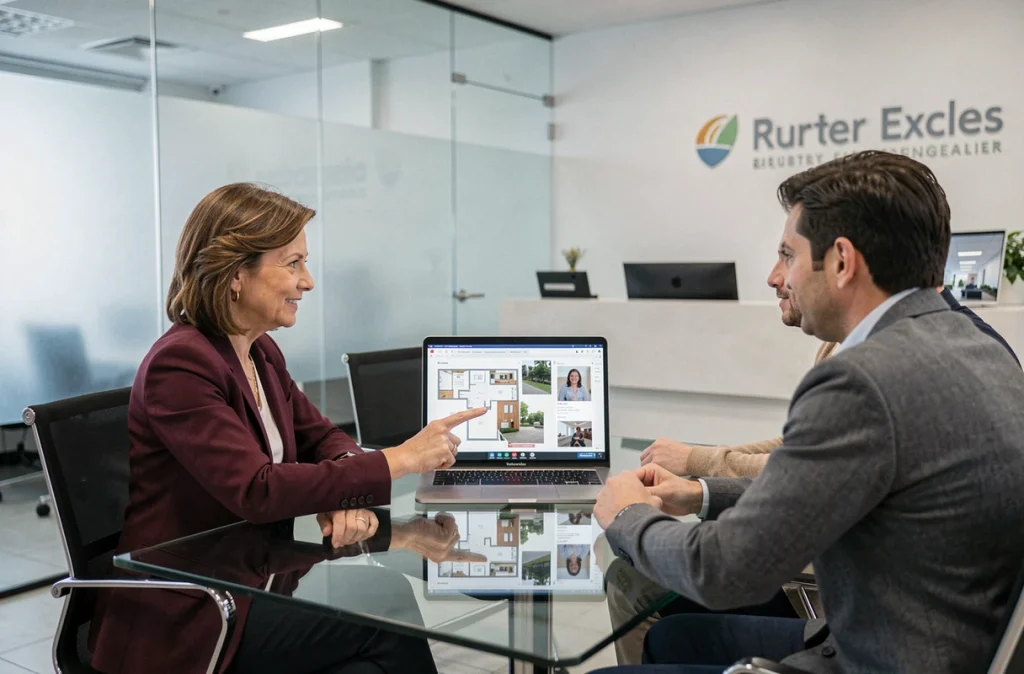 Agent immobilier présentant des plans et visites virtuelles à des clients lors d'un appel vidéo en agence