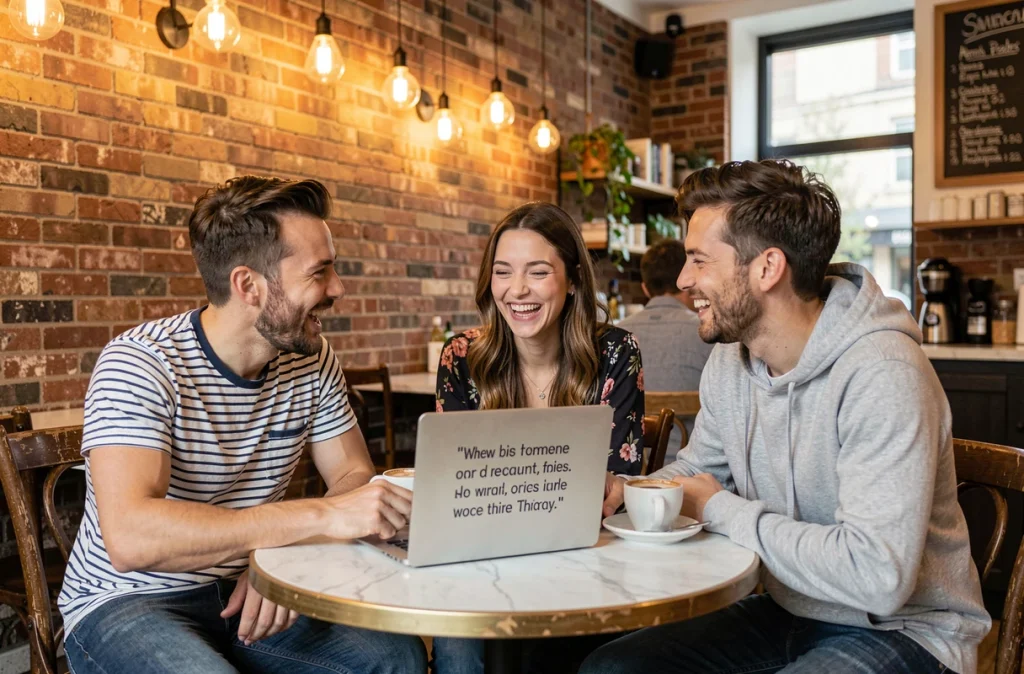 Groupe d'amis riant ensemble autour d'une citation inspirante sur un ordinateur portable dans un café chaleureux