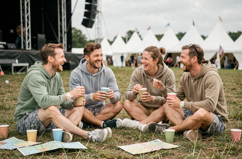 Groupe d'amis se reposant entre deux concerts dans le camping du festival des Vieilles Charrues