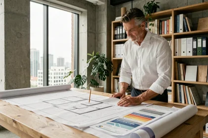 Architecte examinant des plans de construction liés aux nouvelles normes énergétiques dans un studio moderne