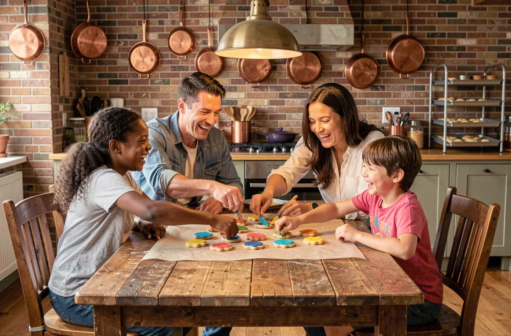 Famille diversifiée décorant des biscuits maison ensemble autour d'une grande table rustique lors d'un atelier cuisine convivial