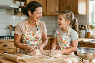 Mère et fille en tabliers fleuris pétrissant de la pâte ensemble dans une cuisine familiale moderne lors d'un atelier cuisine maison