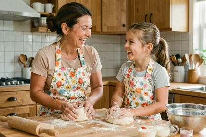 Mère et fille en tabliers fleuris pétrissant de la pâte ensemble dans une cuisine familiale moderne lors d'un atelier cuisine maison