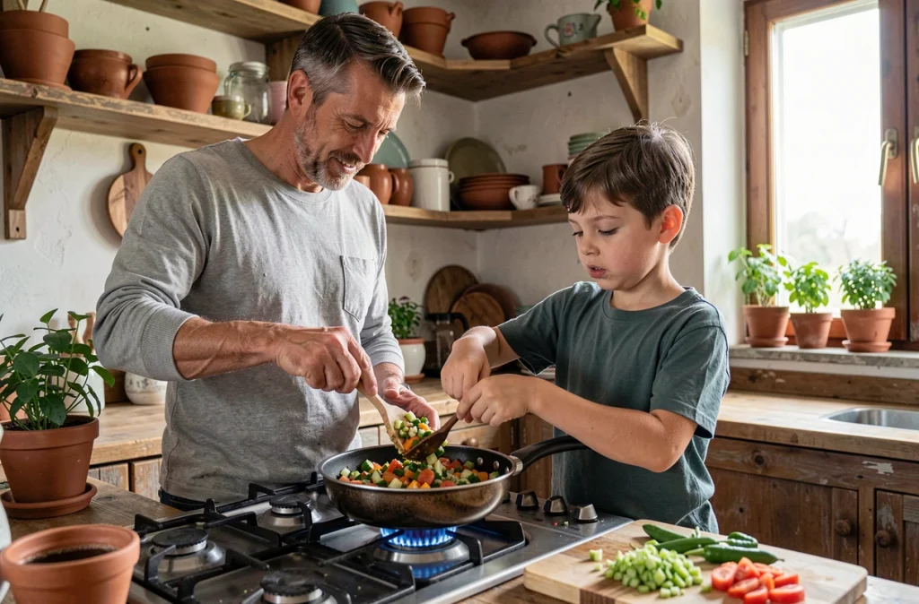 Père et fils cuisinant des légumes ensemble à la gazinière dans une cuisine familiale chaleureuse lors d'un atelier culinaire