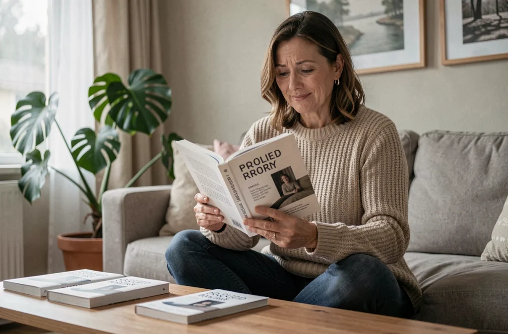 Femme tenant fièrement son livre auto-édité relié en papier tout en le lisant pour la première fois sur un canapé dans un salon moderne