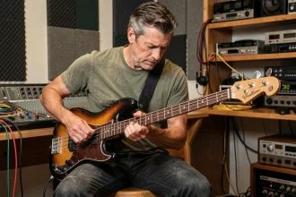 Bassiste ajustant le sélecteur actif/passif d'une basse électrique Bass 64 dans un studio d'enregistrement vintage