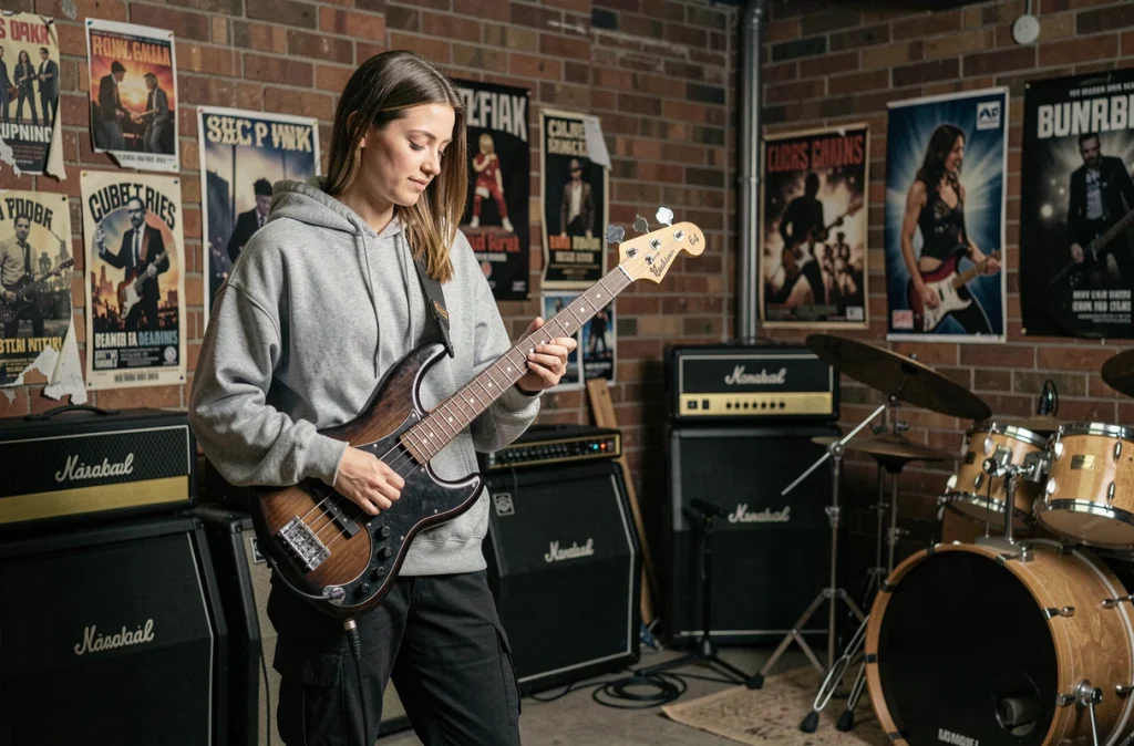 Bassiste branchant sa basse Bass 64 active dans une salle de répétition aux murs en briques