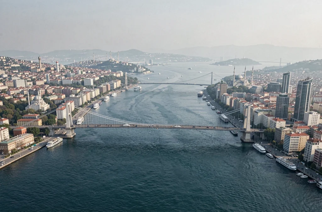 Vue aérienne du détroit du Bosphore à Istanbul séparant la partie européenne et asiatique de la Turquie