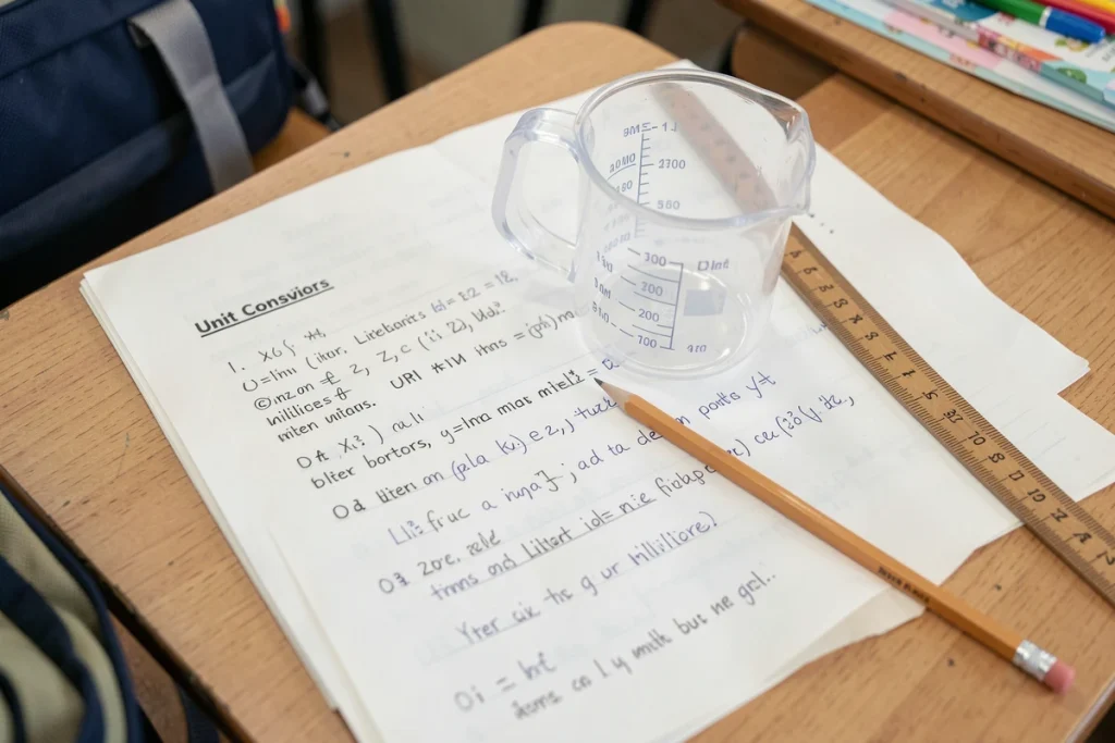 Gros plan sur un cahier de mathématiques ouvert avec des exercices de conversion litres en millilitres, une éprouvette graduée et un crayon sur un bureau scolaire
