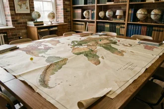 Grande carte physique du monde étalée sur une table en bois dans une salle de géographie, illustrant les superficies des continents et des pays