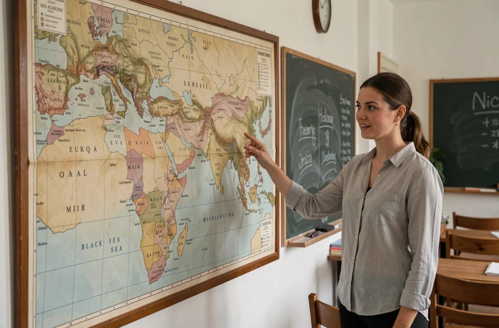 Professeure de géographie désignant la Turquie sur une carte politique murale montrant ses frontières entre l'Europe et l'Asie