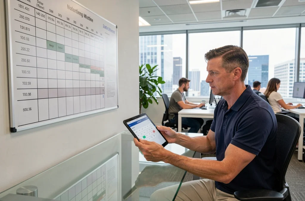 Chef de projet analysant un diagramme de Gantt et un calculateur de différence de dates sur tablette dans un open space moderne