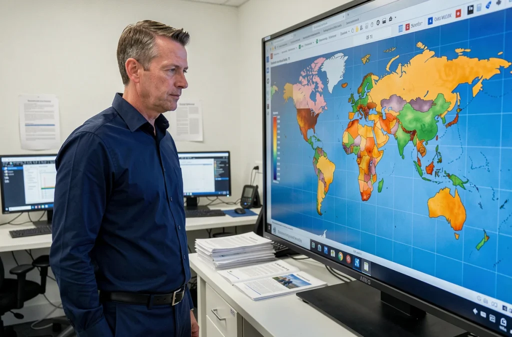 Climatologue analysant une carte mondiale des anomalies climatiques sur un écran numérique dans un laboratoire de recherche environnementale