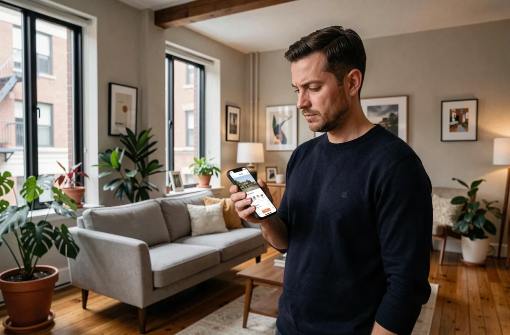 Homme consultant une annonce immobilière en ligne sur smartphone dans un appartement à vendre