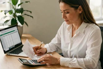 Femme professionnelle calculant la conversion de minutes en heures sur une facture client dans un bureau moderne