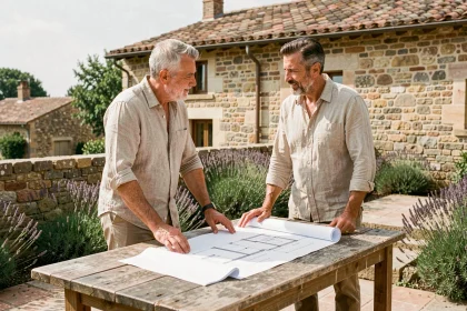 Couple examinant les plans de leur résidence secondaire en Provence sur une terrasse en pierre