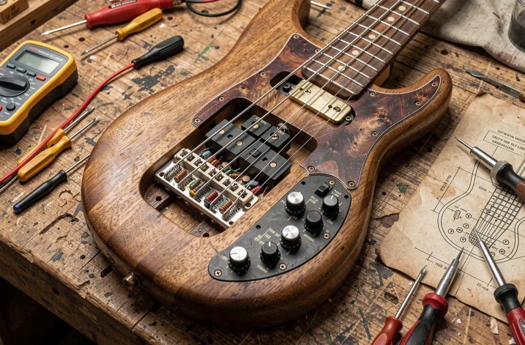 Gros plan sur l'électronique active et passive d'une basse Bass 64 posée sur un établi de luthier