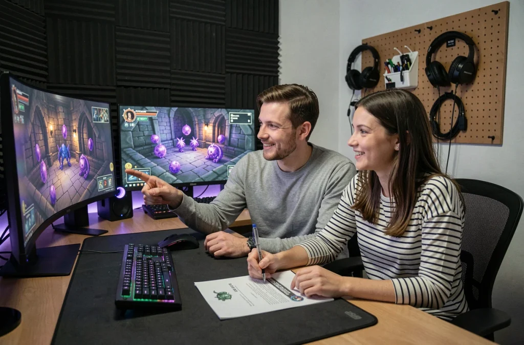 Deux amis joueurs collaborent devant un double écran affichant un jeu RPG fantastique pour avancer dans la quête du Dofus Pourpre