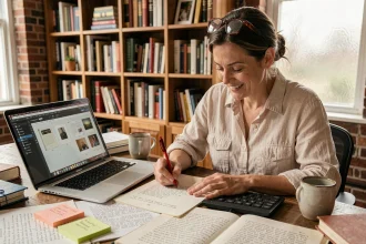Femme éditant son manuscrit à un bureau en bois encombré de pages imprimées et d'un ordinateur portable ouvert sur un logiciel de mise en page