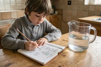 Enfant faisant ses devoirs de maths avec un carnet de conversion litres millilitres et un pichet doseur sur une table en bois
