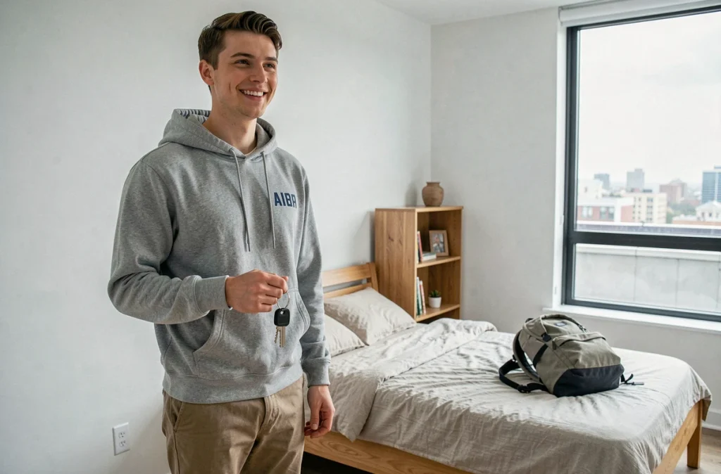 Jeune étudiant tenant ses clés dans une chambre meublée en location dans une grande ville française