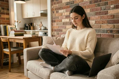 Étudiante installée dans un studio meublé à Paris, travaillant sur son ordinateur portable entourée de livres et de mobilier compact