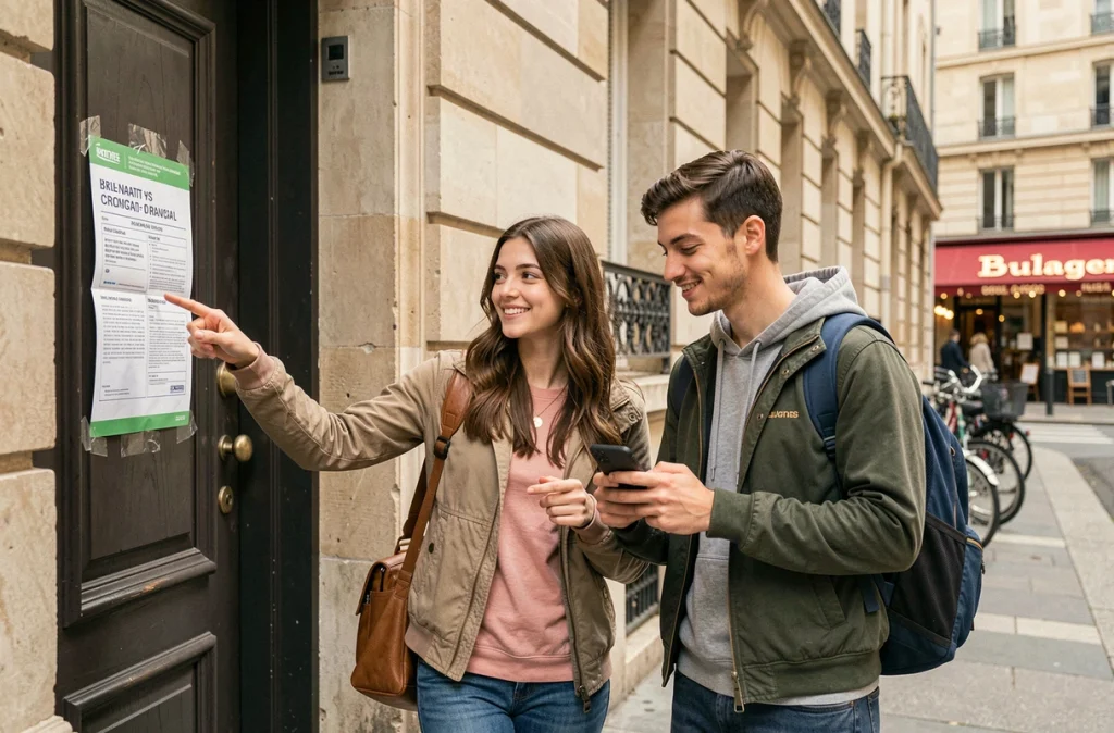 Deux étudiants cherchant une location meublée devant un immeuble haussmannien dans une grande ville française