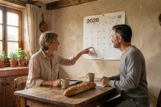 Famille française planifiant les jours fériés 2026 autour d'un calendrier papier dans une cuisine provençale authentique
