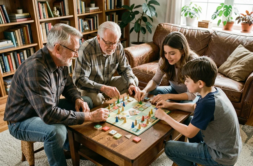 Une famille multigénérationnelle réunie autour d'un jeu de société dans le salon, illustrant le dialogue entre grands-parents, parents et enfants