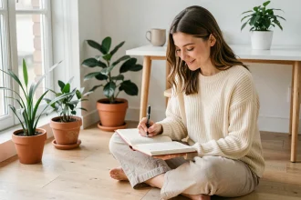 Jeune femme souriante écrivant des citations inspirantes dans un carnet posé sur un plancher en bois dans un intérieur minimaliste