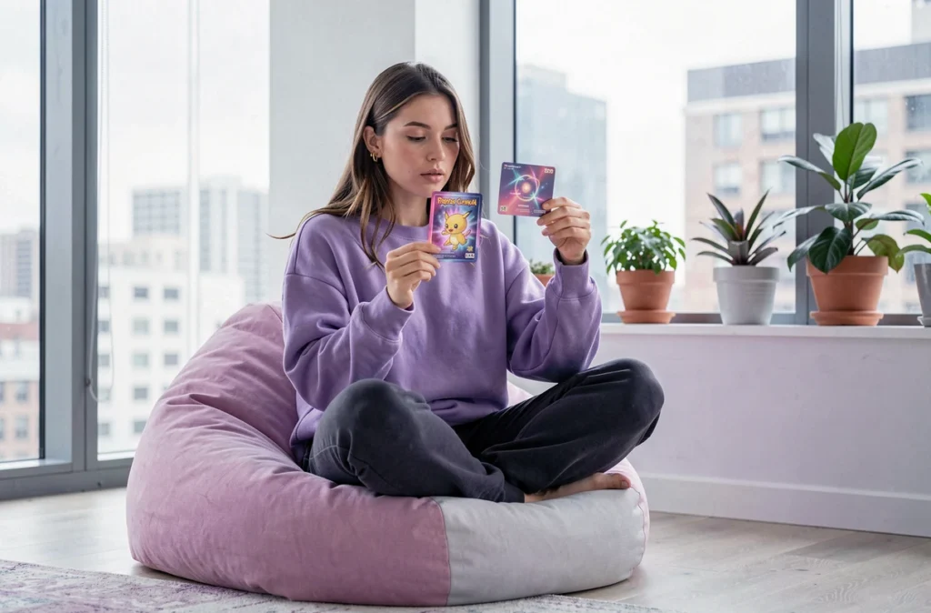 Jeune femme examinant une carte Pokémon de type Psy holographique dans un salon moderne, ambiance compétitive et détendue