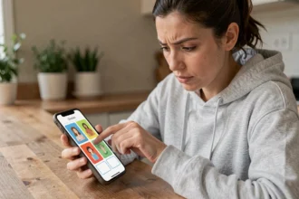 Femme concentrée jouant au jeu 4 images 1 mot sur smartphone à une table en bois