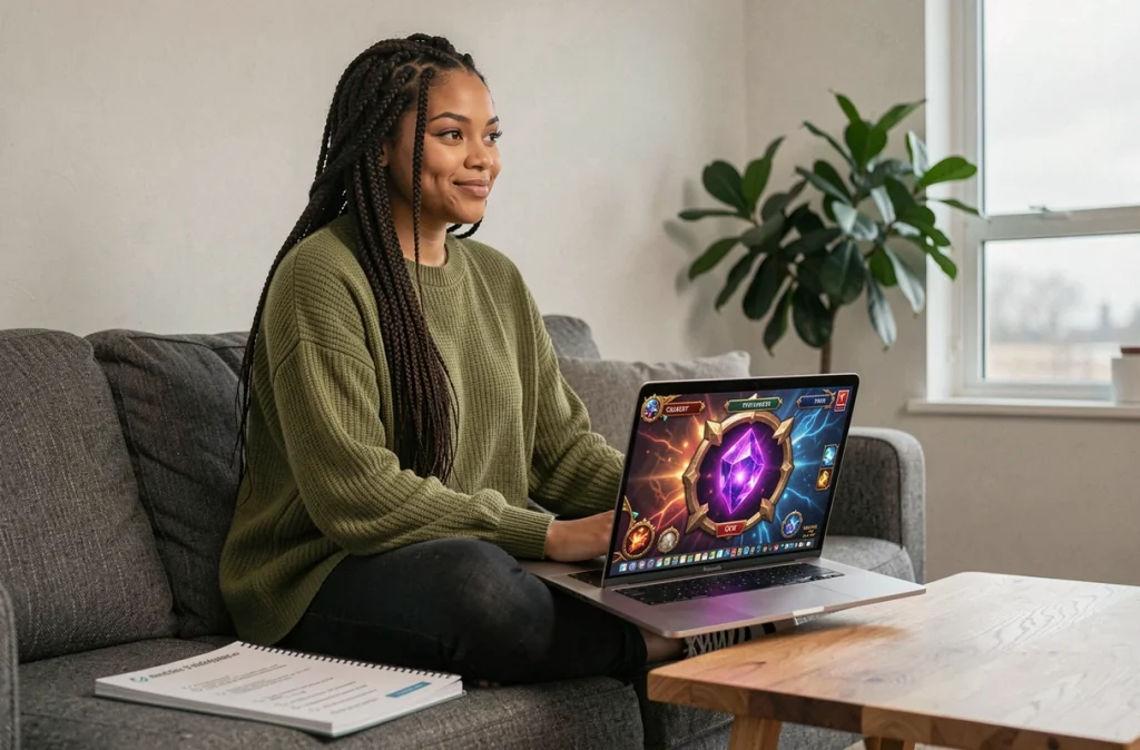 Jeune femme consulte ses notes de quête sur un carnet et un ordinateur portable pour progresser vers le Dofus Pourpre dans un salon