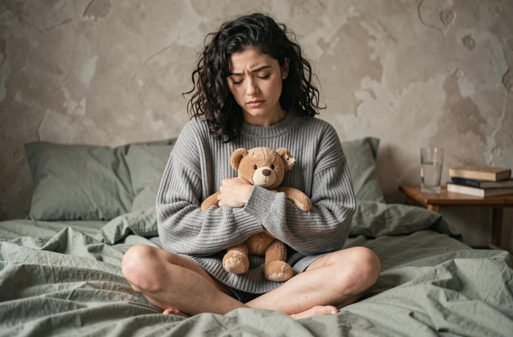 Jeune femme tenant un ourson en peluche abîmé contre sa poitrine sur un lit défait, exprimant une vulnérabilité émotionnelle profonde et un besoin de réconfort intérieur