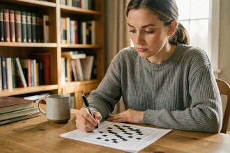 Femme concentrée résolvant une grille de mots croisés à son bureau, stratégie pour trouver le mot du jour Codycross