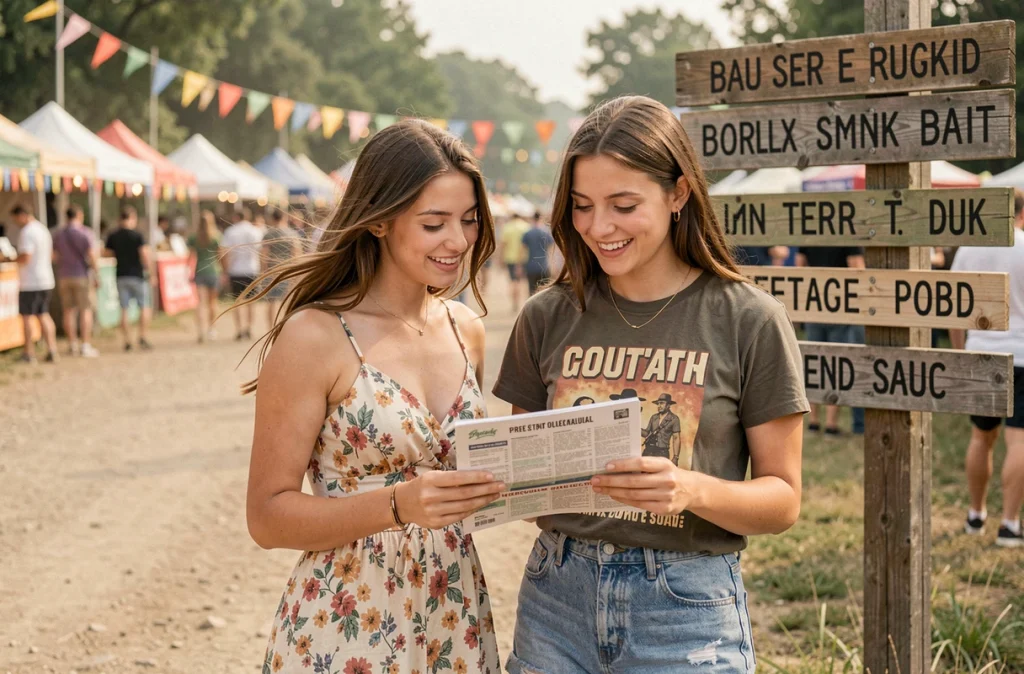 Deux festivalières consultant le programme des Vieilles Charrues pour planifier leur parcours concerts