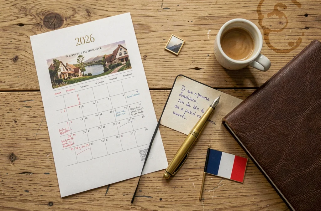 Vue de dessus d'un bureau avec calendrier imprimé des jours fériés français 2026, agenda et stylo vintage sur bois naturel